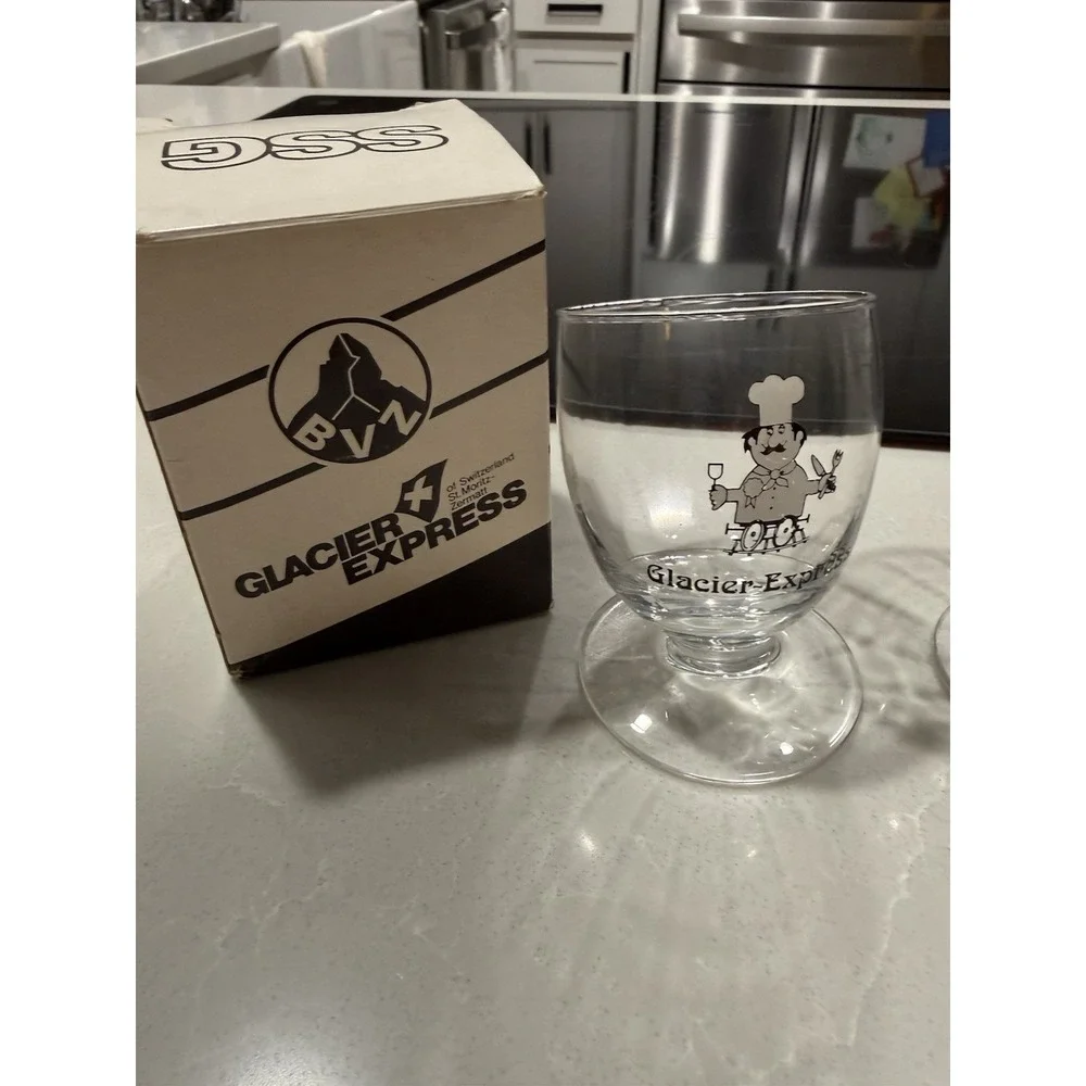 Glacier Express Swiss Train Slanted Wine Glass  Original Box‎ Set of 2 Vintage